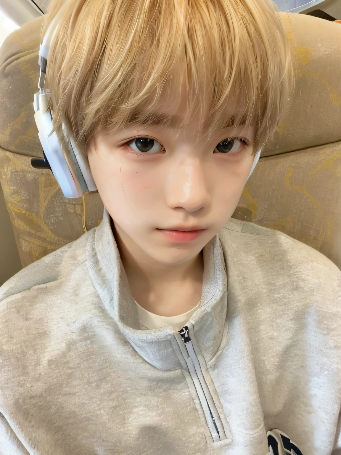 a close-up of a boy with headphones sitting on a chair, , pale korean adorable face, 8k!, foto de perfil en la cabeza, 8k!!, seogmin de gravity