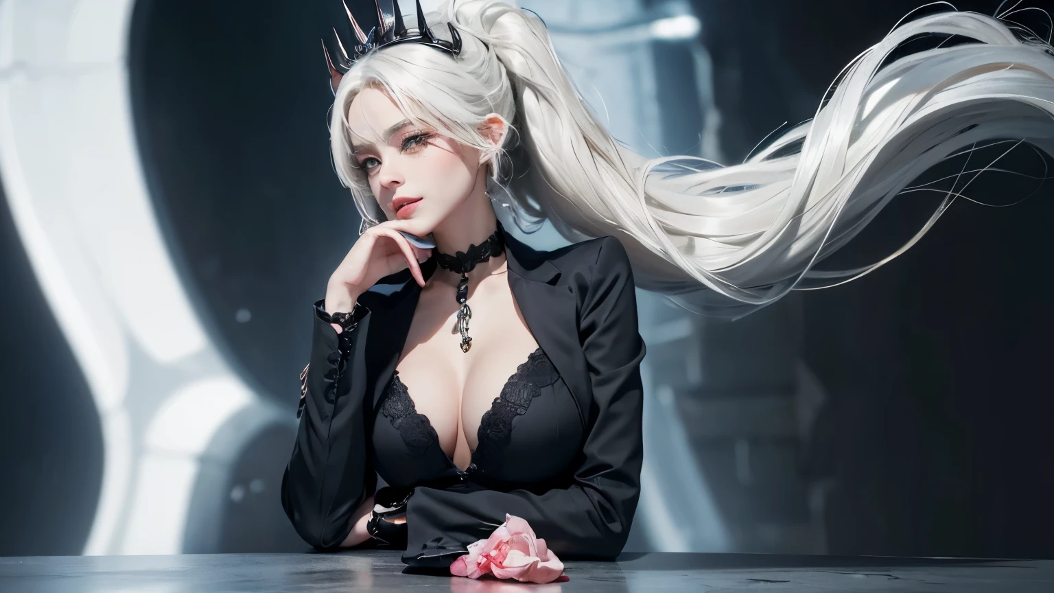 In a masterful display of artistic prowess, Lucifer from Helltaker emerges as the focal point of a hyper-realistic 8K human portrait. Clad in a formal suit featuring a striking red shirt, black pants, and a matching black necktie, she commands attention with her serene expression and captivating smile, her gaze fixed directly upon the viewer. She has the face of ((https://images.fineartamerica.com/images/artworkimages/mediumlarge/3/1-gorgeous-blonde-with-big-breasts-mihai-b.jpg)). Her eyes, almond-shaped and bewitching, mesmerize with their striking red crimson irises, framed by gracefully arched eyebrows and thick, voluminous lashes that curl upwards. Luxuriant waves of light-white hair cascade around her, catching the light in subtle platinum highlights, while her smooth, porcelain-like skin radiates a subtle glow, suggesting vitality and allure, an elegant mix of botanical and geometric patterns that enhance her already captivating presence. Her attire, a black dress and a choker around her neck, serves to underscore her beauty and sophistication. Standing tall and confident, Lucifer possesses very large bosoms, fitting into an I-sized cup, (mature female, milf:1.3). Rendered with meticulous attention to detail and realism, this portrait captures every nuance of Lucifer's appearance, from the delicate contours of her face to the subtle textures of her clothing and skin. Set against a deep matte black background, she stands as a timeless symbol of beauty and allure, her dynamic pose and perfect anatomy drawing the viewer into her world. This high-resolution masterpiece transcends mere artistry, offering a glimpse into the depths of Lucifer's character and personality. With its cinematic composition and meticulous attention to detail, a true masterpiece in every sense of the world. full body. large breasts, heavy makeup, detailed Tokyo street , smile, white hair, blush, eyeliner, white lips. thing waist (45 cm)