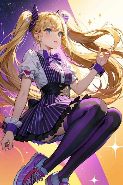 Angelica's blonde hair was put into a pair of pigtails each punctuated with a large purple bow. Her outfit consisted of a red-and-black-striped shirt with flared cuffs, a purple dress, blue tights with green dots, red socks, and purple sneakers on her feet. SPARKLE; GLITTER