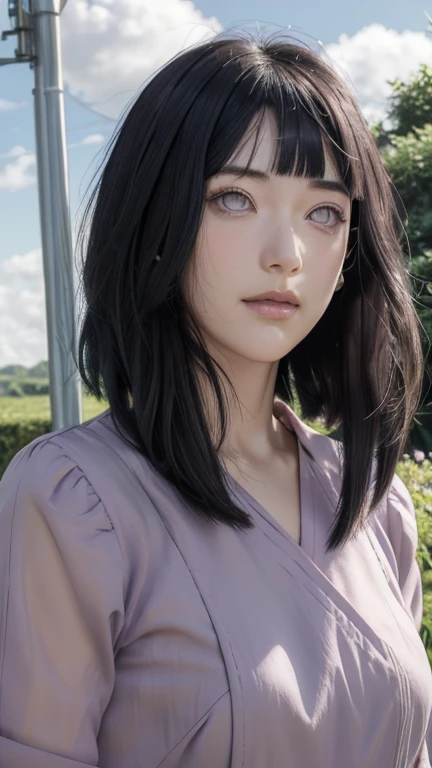 masterpiece, hinata\(boruto\), 1girl, solo, mature female, ((black dress)), modest outfit,  outdoors, lavender flower field, looking at viewer, cloudy sky, perfect composition, detailed lips, big breast, beautiful face, body propotion, blush, (pink lips), long hair,  purple eyes,  soft gaze, sad smile,  super realistic, detailed, photoshoot, realistic face and body,  realistic hair, realistic eyes, realistic nose, realistic lips