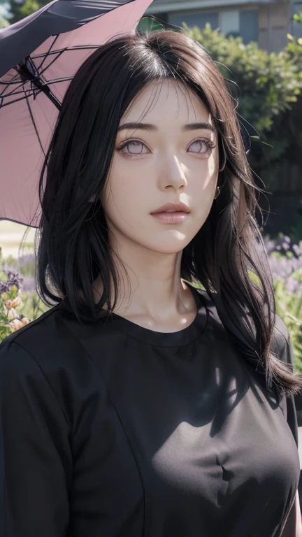 masterpiece, hinata\(boruto\), 1girl, solo, mature female, ((black dress)), modest outfit, outdoors, lavender flower field, looking at viewer, cloudy sky, perfect composition, detailed lips, big breast, beautiful face, body propotion, blush, (pink lips), long hair, purple eyes, soft gaze, sad smile, super realistic, detailed, photoshoot, realistic face and body, realistic hair, realistic eyes, realistic nose, realistic lips