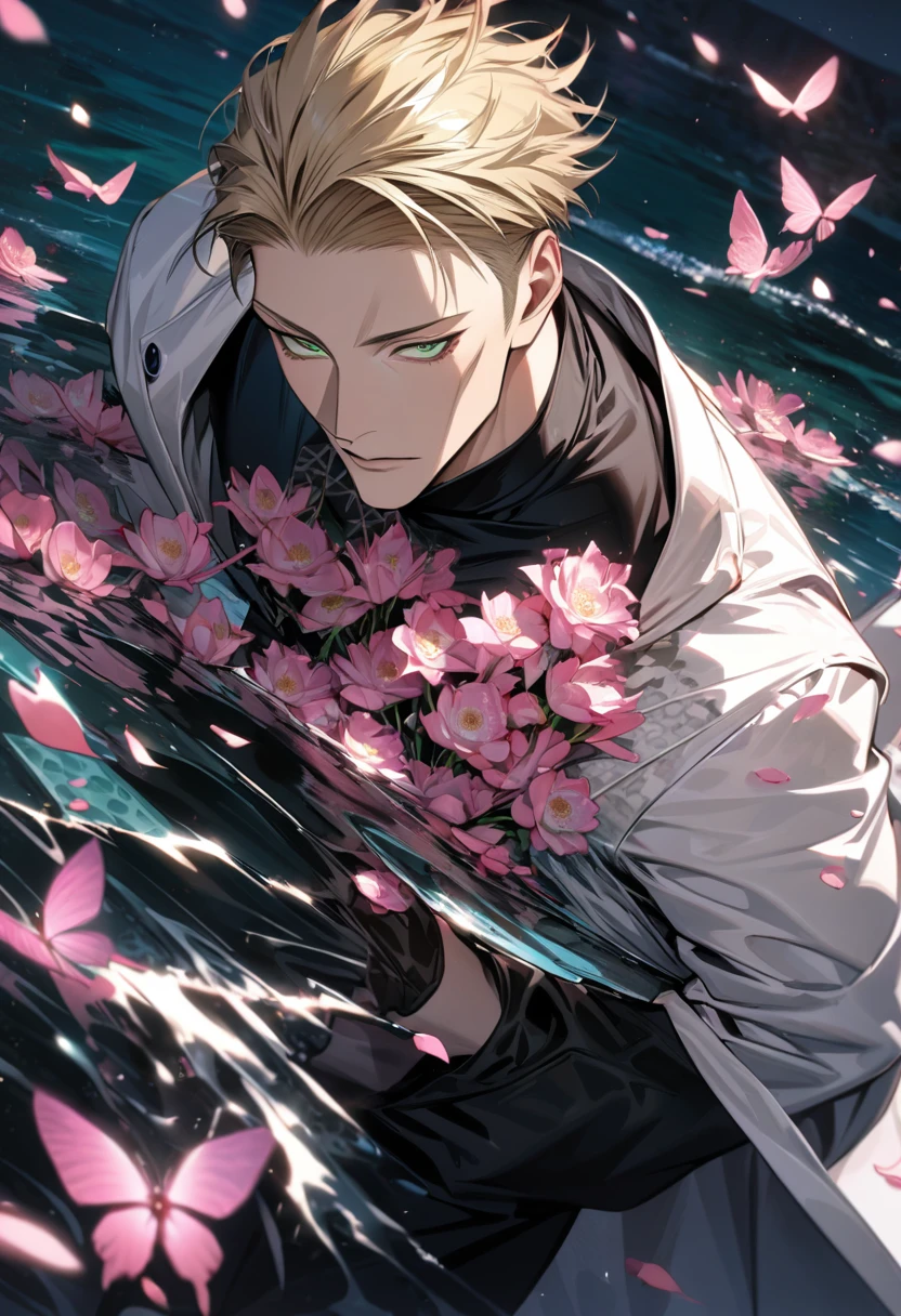 Ultra detailed, Highres, absurdres, HDR, Nanami Kento, blond hair, expressive green eyes, white long coat with patterns, Jujutsu Kaisen, pink flowers, petals, handsome, sexy man, solo, very detailed eyes and face, black gloves, water, black pants, pink butterflies, black tight t-shirt, master piece,