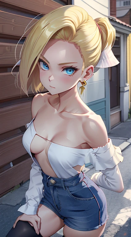 best qualtiy, A high resolution, and 18, 1girll, Android 18,(Off-the-shoulder attire:1.5), solo, blond hairbl, eBlue eyes, short detailed hair, 耳Nipple Ring, jewely, Open vest,, Denim triped long sleeves, blue skirts, mediuml breasts, cowboy lens, the street, (Expand the chest externally:1.2), (No shoulder strap:1.5), nabel,whitethighhighs
