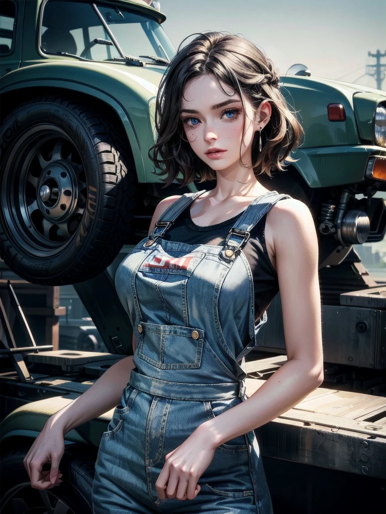 whole body, Mechanic girl, mechanic's overalls, sleeveless, absurdres, RAW photo, extremely delicate and beautiful, masterpiece, Best Quality, ultra high resolution, 32k, hyperrealistic, ultra-detailed, detailed description, pale skin, 20 years old, detailed beautiful face and eyes, tearful mole, earring, Colossal tits, short medium hair, wavy hair,