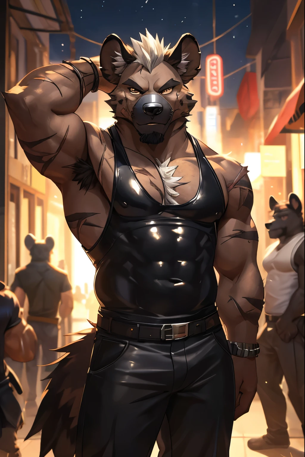 ((masterpiece)), ((high resolution)), ((Anime style)), ((best quality)), ((super fine illustration)), ((highly details)), ((8k)), ((detailed face)), ((detailed hands)), ((detailed body)), ((detailed eyes)), ((SFW)), ((solo)), ((uploaded on e621)), (by slugbox), (by bonifasko), (by cervina7), (by null-ghost), ((German shepherd dog)), ((fluffy dog)), ((male anthro)), ((anatomically correct)), ((pawpads:1.3)), (five fingers), ((tuft)), ((fluffy fur:1.3)), ((fluffy fur body:1.3)), ((detailed fluffy fur)), (big yellow eyes), ((looking at viewer)), ((shoot from front)), ((close up portrait:1.6)), ((furry)), ((huge muscular male:1.3)), ((muscular figure)), ((massive and strong body)), ((vein:1.3)), ((veiny muscles:1.3)), ((huge pecs:1.4)), ((big muscles:1.3)), ((muscular arms)), ((muscular legs)), ((six pack abs:1.6)), (Oblique muscle), serratus anterior muscle, ((thick thighs:1.3)), ((blush)), (long snout), (big tail), (canine teeth), (fangs), open mouth, ((breath visible)), ((sweaty:1.8)), ((many scars are covered in the body)), ((many scratches are covered in the body)), ((a lot of claw marks are covered in the body)), ((scars on face)), ((scar on eye:1.4)), ((detailed scars)), ((wearing dog tags:1.6)), ((dynamic pose)), ((in the seaside)), ((on the beach)), ((the sun)), ((a crowd of furry:1.3)), ((detailed background)), ((cinematic lighting)), ((gorgeous light and shadows)), ((highly detailed background)), ((wearing hot pants:1.6)),