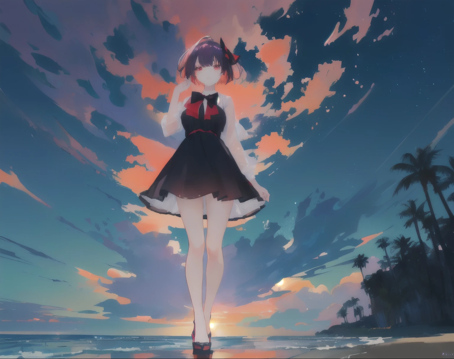 This is an anime style illustration,Depicts a female character with short hair and red eyes standing on the beach。She is wearing a black dress and a red bow tie,Holding a cell phone in his hand。Behind her is a magnificent sunset.:The sky is full of orange、Pink and purple colorful clouds;In the distance you can see a starry night sky and the Milky Way.。The sea surface sparkles with the reflection of the setting sun,There are also palm trees as foreground embellishments nearby.。The whole picture gives people a sense of tranquility and romance。