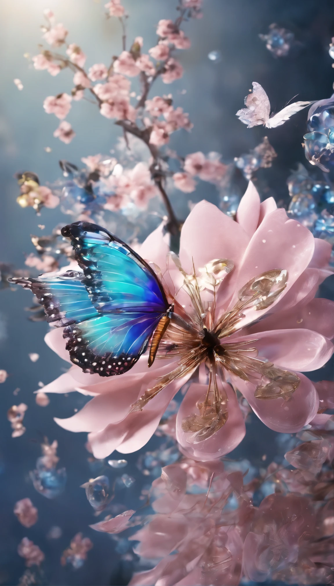 The background is greenblue,moon light,All expressed with jewels, the arrival of spring, various beautiful cherryblossoms
, Beautiful lapis lazuli swallowtail butterfly,angles looking up from below, various jewels falling from the sky, wonderful and beautiful superb view, slightly hazy, fantastic, high resolution, 8K, (best quality, highres, realistic:1.37), shiny metallic flowers, intricate and delicate petals, reflective surfaces, vibrant colors, intricate details, close-up view, surreal garden, surreal beauty, dreamy atmosphere, fine art, abstract botanicals, metallic sculpture, contrasting textures, ethereal glow