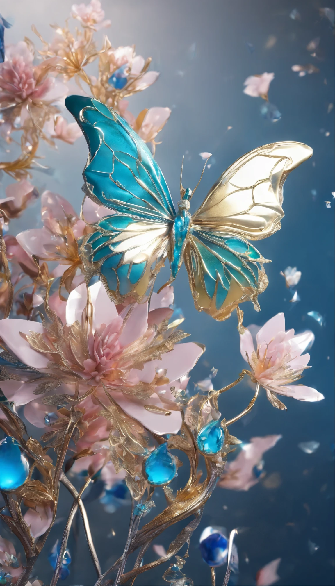 The background is greenblue,moon light,All expressed with jewels, the arrival of spring, various beautiful cherryblossoms
, Beautiful lapis lazuli swallowtail butterfly,angles looking up from below, various jewels falling from the sky, wonderful and beautiful superb view, slightly hazy, fantastic, high resolution, 8K, (best quality, highres, realistic:1.37), shiny metallic flowers, intricate and delicate petals, reflective surfaces, vibrant colors, intricate details, close-up view, surreal garden, surreal beauty, dreamy atmosphere, fine art, abstract botanicals, metallic sculpture, contrasting textures, ethereal glow