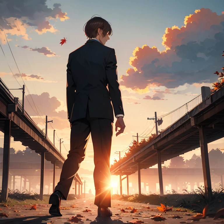 (Long shot), Man in business suit, Walking away, Disappointed expression, Autumn leaves falling, Brown boots crunching underfoot, Cool autumn breeze, Sun setting behind, Silhouetted against the orange and red sky, (Realistic), High definition, Detailed facial features, Shadow cast on the ground, (Jazzy music playing softly in the background), "Sad Songs for Dijkstra's Algorithm" by Sven Libsing, (Nostalgic, melancholic), (Looking back over shoulder), (Lost love, unfulfilled promise), (Movie-like scene), (Emotional resonance), (Slow motion effect), (Reflective,