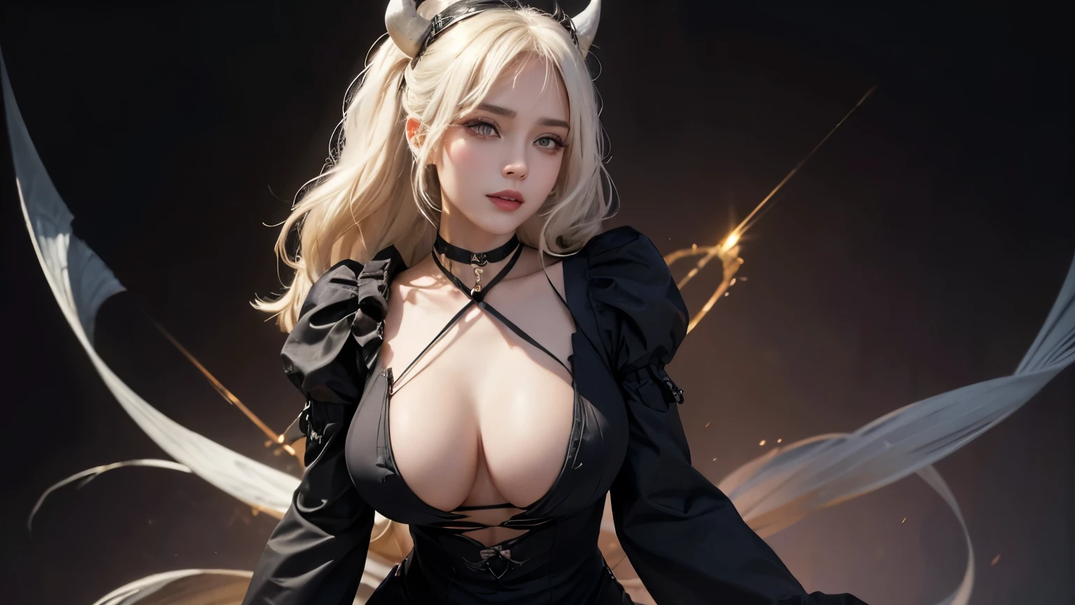 In a masterful display of artistic prowess, Lucifer from Helltaker emerges as the focal point of a hyper-realistic 8K human portrait. Clad in a formal suit featuring a striking red shirt, black pants, and a matching black necktie, she commands attention with her serene expression and captivating smile, her gaze fixed directly upon the viewer. She has the face of ((https://images.fineartamerica.com/images/artworkimages/mediumlarge/3/1-gorgeous-blonde-with-big-breasts-mihai-b.jpg)). Her eyes, almond-shaped and bewitching, mesmerize with their striking red crimson irises, framed by gracefully arched eyebrows and thick, voluminous lashes that curl upwards. Luxuriant waves of light-white hair cascade around her, catching the light in subtle platinum highlights, while her smooth, porcelain-like skin radiates a subtle glow, suggesting vitality and allure, an elegant mix of botanical and geometric patterns that enhance her already captivating presence. Her attire, a black dress and a choker around her neck, serves to underscore her beauty and sophistication. Standing tall and confident, Lucifer possesses very large bosoms, fitting into an I-sized cup, (mature female, milf:1.3). Rendered with meticulous attention to detail and realism, this portrait captures every nuance of Lucifer's appearance, from the delicate contours of her face to the subtle textures of her clothing and skin. Set against a deep matte black background, she stands as a timeless symbol of beauty and allure, her dynamic pose and perfect anatomy drawing the viewer into her world. This high-resolution masterpiece transcends mere artistry, offering a glimpse into the depths of Lucifer's character and personality. With its cinematic composition and meticulous attention to detail, a true masterpiece in every sense of the world. full body. large breasts, heavy makeup, detailed Tokyo street , smile, white hair, blush, eyeliner, white lips. thing waist (45 cm)