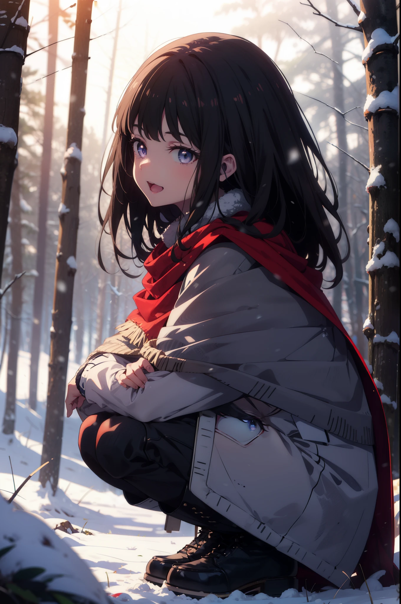Takiuchi, Inoue Check, Long Hair, bangs, Black Hair, (Purple eyes:1.2),smile,
Open your mouth,snow, fire, Outdoor, boots, snowing, From the side, wood, suitcase, Cape, Blurred, forest, nature, Squat, Cape, winter, Written boundary depth, Black shoes, red Cape break looking at viewer, Upper Body, whole body, break Outdoor, forest, nature, break (masterpiece:1.2), highest quality, High resolution, unity 8k wallpaper, (shape:0.8), (Beautiful and beautiful eyes:1.6), Highly detailed face, Perfect lighting, Highly detailed CG, (Perfect hands, Perfect Anatomy),