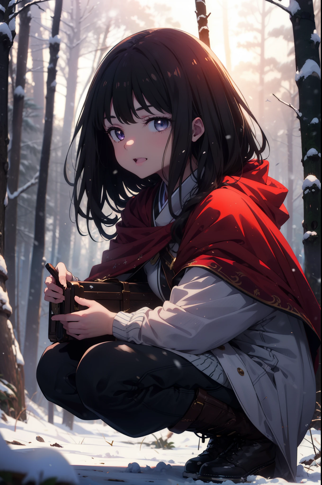 Takiuchi, Inoue Check, Long Hair, bangs, Black Hair, (Purple eyes:1.2),smile,
Open your mouth,snow, fire, Outdoor, boots, snowing, From the side, wood, suitcase, Cape, Blurred, forest,  nature, Squat,  Cape, winter, Written boundary depth, Black shoes, red Cape break looking at viewer, Upper Body, whole body, break Outdoor, forest, nature, break (masterpiece:1.2), highest quality, High resolution, unity 8k wallpaper, (shape:0.8), (Beautiful and beautiful eyes:1.6), Highly detailed face, Perfect lighting, Highly detailed CG, (Perfect hands, Perfect Anatomy),
