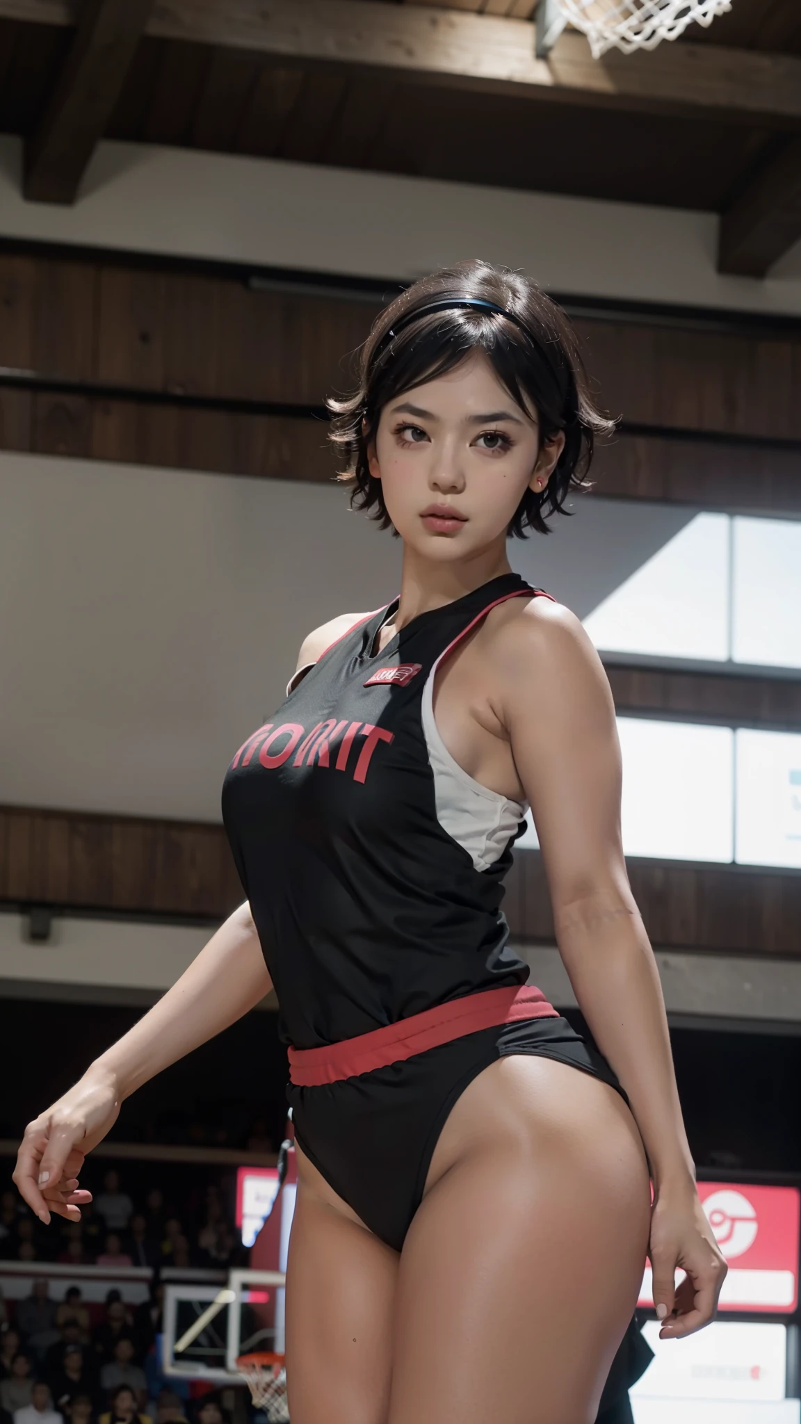 Sarada, short hair, hairband, black eyes, beautiful, gorgeous woman, perfect body, scoreland, perfect breasts, (((thick thighs))), wearing a basketball jersey, on the basketball court, holding a basketball