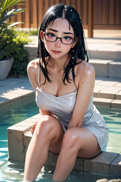 (masterpiece, highest quality), One Girl, Satou, Satou, Glasses, 赤いフレームのGlasses, A bath towel is wrapped around the body:1.8, Satou, Glasses, 赤いフレームのGlasses, hot spring,head to feet,hot springに入っている,Wet Hair,