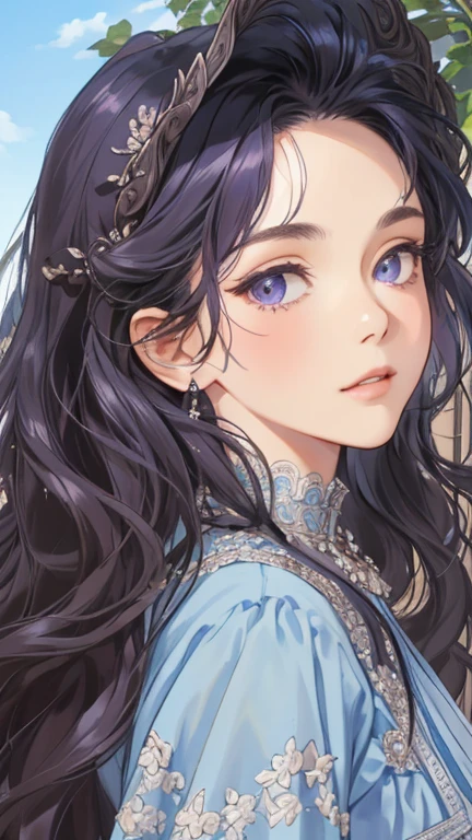 (extreamly delicate and beautiful:1.2), 8K,(masterpiece:1.0),(best_quality:1.0), 1 girl, and intricate detailing, Enlarged textures, and intricate detailing, finely eye and detailed face, and intricate detailing, dark purple curl long hair, (closed mouths), Perfect eyes, Equal eyes, gray eyes (A famale god) with classic blue sky yunani romawi, look at camera, look 50 years old, blush