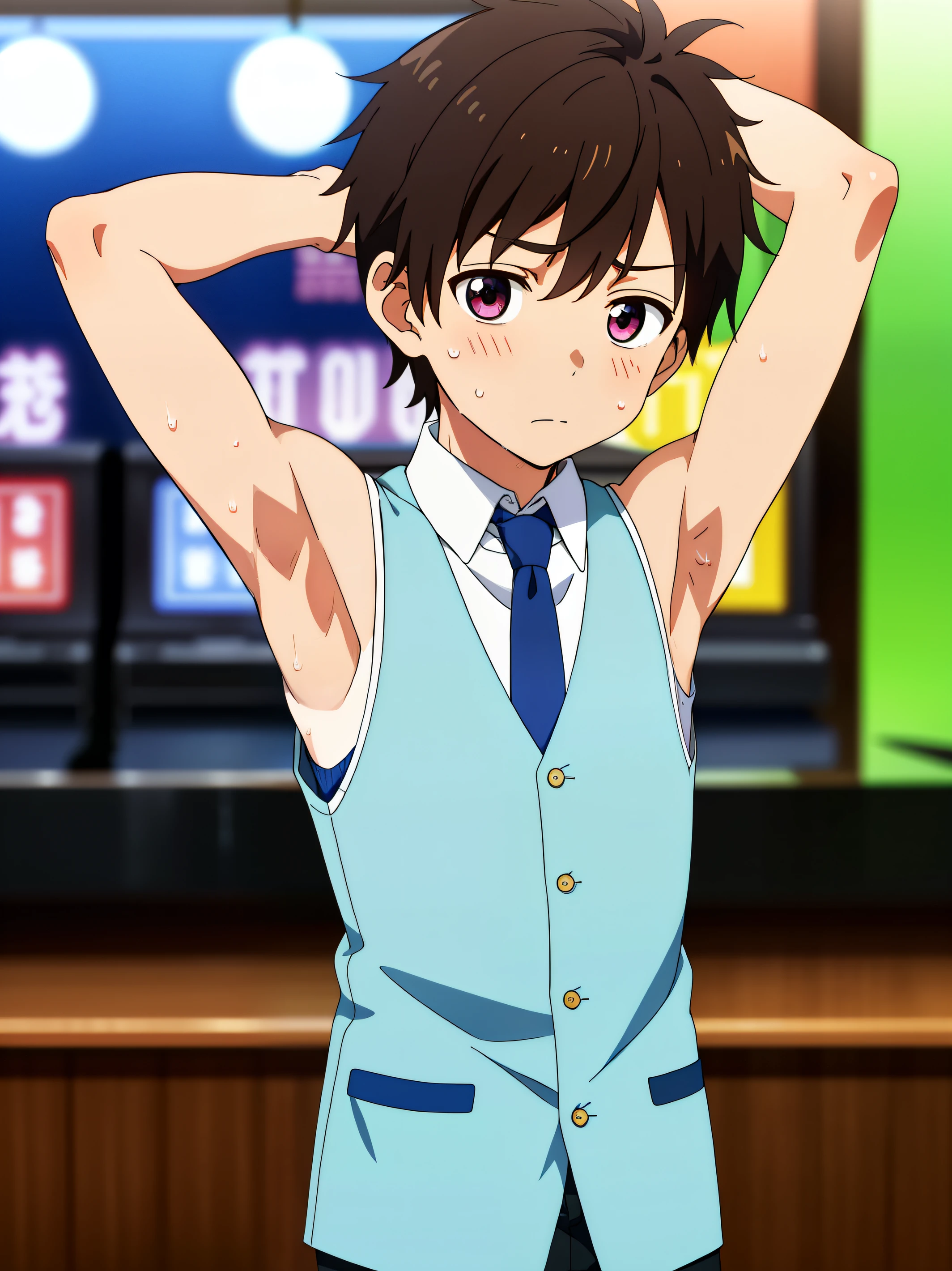 Highres, Masterpiece, Best quality at best,Best Quality,hight quality, hight detailed, 1boy, Boy,Messy hair, Side bangs, Shota, Sweat, Sleeveless vest, Tie, Glove, Depth of field, Anime screencap style, thin line, Seen from the front, Little sweat, Casino, Cute boy, (Showing armpit:1.3), (very small and short stature), (very young boy), -yeld bo Blurry and simple beckground, bokeh, Uhd