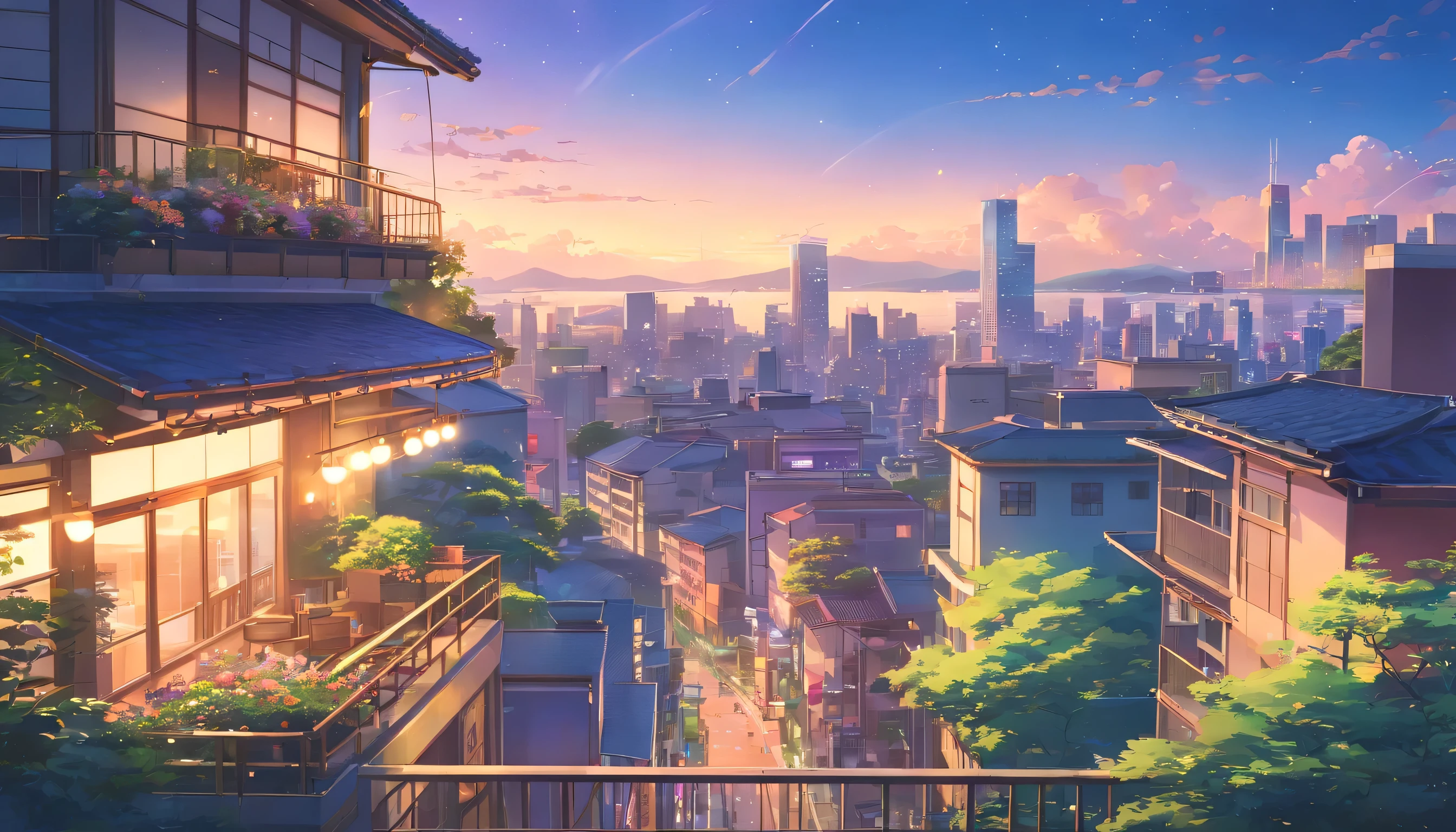 (best quality,4k,8k,highres,masterpiece:1.2),ultra-detailed,(realistic,photorealistic,photo-realistic:1.37),Lofi,Tranquility,Terrace,anime-style,city pop, dreamy colors,soft lighting,serene atmosphere,relaxing vibes,cozy ambiance,greenery,lovely flowers,peaceful setting,colorful sky,calm breeze,harmony and balance,distant skyscrapers,vintage aesthetics,nostalgic vibes,celestial stars,blissful moment,warm and inviting,romantic presence,harmonious soundscape,serenity in motion,ethereal beauty,dream-like landscape,string lights,gentle melodies,smooth vibes,feeling of euphoria,retro ambiance,tranquil escape,melancholic serenade,vibrant cityscape,ethereal dreams,utopian scenery,Lofi beats,summer nostalgia,hidden gem,utmost tranquility,unexpected encounters with nature