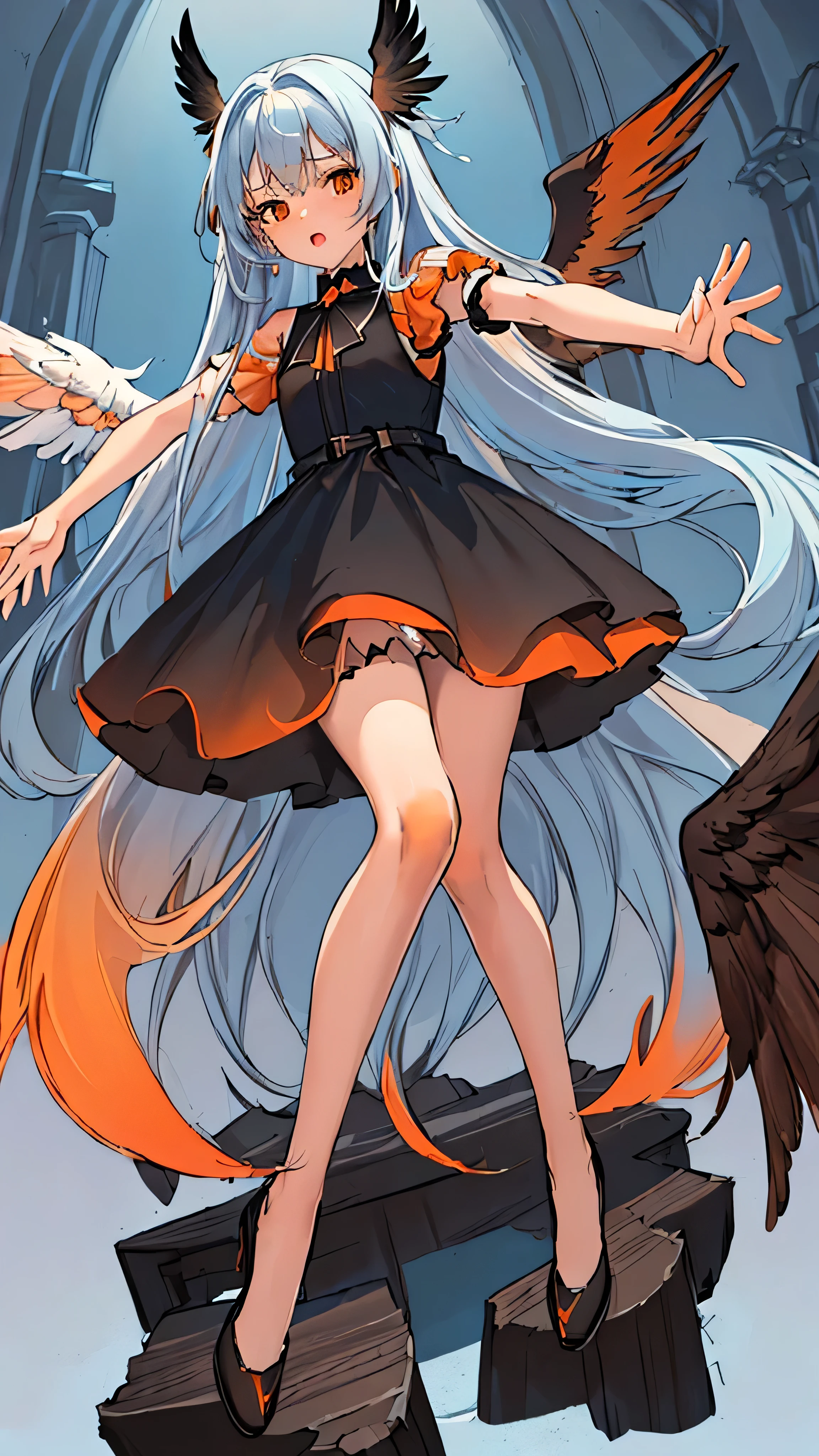 (masterpiece, highest quality:1.2), 1 cute girl, 16yo, ideal ratio body proportions, (light blue long hair, a pair of black wings, orange and brown gradient dress:1.4), several tiny ghosts, mini dress, short sleeves, bare arms, bare hands, bare legs, pumps, outstretched arms, in castle, white panties,