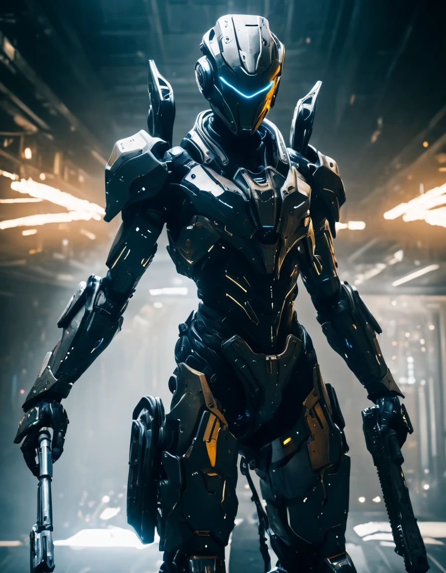 wearing a mechanical suit, Mechanical wonder, Cyberpunk, Cybernetic Guardian, futuristic armor, full body, front pose, symmetry, intricate (steel metal [rust]), joints, warframe style, cyborg, male body and armor, Chainsaw Man  