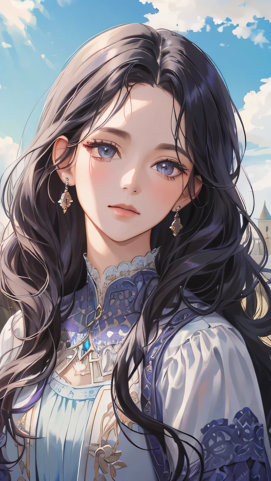 (extreamly delicate and beautiful:1.2), 8K,(masterpiece:1.0),(best_quality:1.0), 1 girl, and intricate detailing, Enlarged textures, and intricate detailing, finely eye and detailed face, and intricate detailing, dark purple curl long hair, (closed mouths), Perfect eyes, Equal eyes, gray eyes (A famale god) with classic blue sky yunani romawi, look at camera, look 50 years old, blush