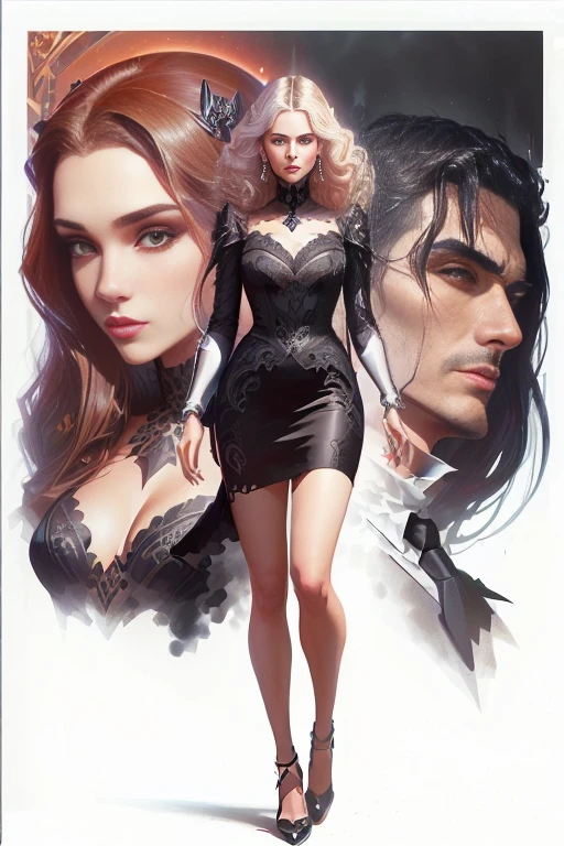 Close-up of a woman in a black dress and a man in a suit, style ivan talavera and ArtJam, ArtJam and tom bagshaw, ArtJam and patrick demarchelier, ArtJam and grek rutkowski, Chris Moore. ArtJam, ArtJam and j. Dickenson