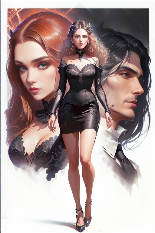 Close-up of a woman in a black dress and a man in a suit, style ivan talavera and ArtJam, ArtJam and tom bagshaw, ArtJam and patrick demarchelier, ArtJam and grek rutkowski, Chris Moore. ArtJam, ArtJam and j. Dickenson