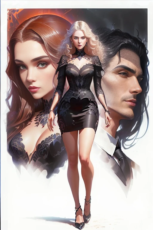 Close-up of a woman in a black dress and a man in a suit, style ivan talavera and ArtJam, ArtJam and tom bagshaw, ArtJam and patrick demarchelier, ArtJam and grek rutkowski, Chris Moore. ArtJam, ArtJam and j. Dickenson