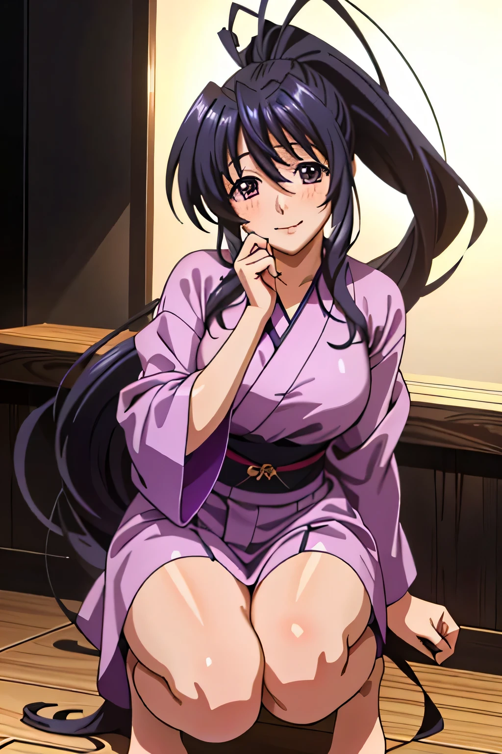 Himejima Akeno、Long Hair、(draw the eyes:1.2)、one person 、smile 、blush 
、(Squat with your legs wide apart) 
、yukata
、(highest quality) 、(Fine skin:1.3)