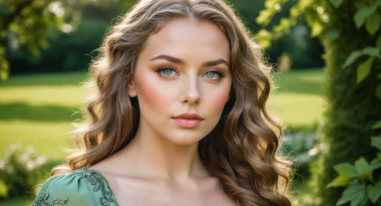 (a young Dutch singer)(beautiful detailed eyes,beautiful detailed lips,extremely detailed eyes and face,longeyelashes),(medium: raw photo),(lush green garden landscape),(the singer's flowing wavy hair),(the singer's elegant dress),(soft natural lighting),(best quality,4k,8k,highres,masterpiece:1.2),ultra-detailed,(photorealistic:1.37), portraiture, vibrant colors, pastel tones