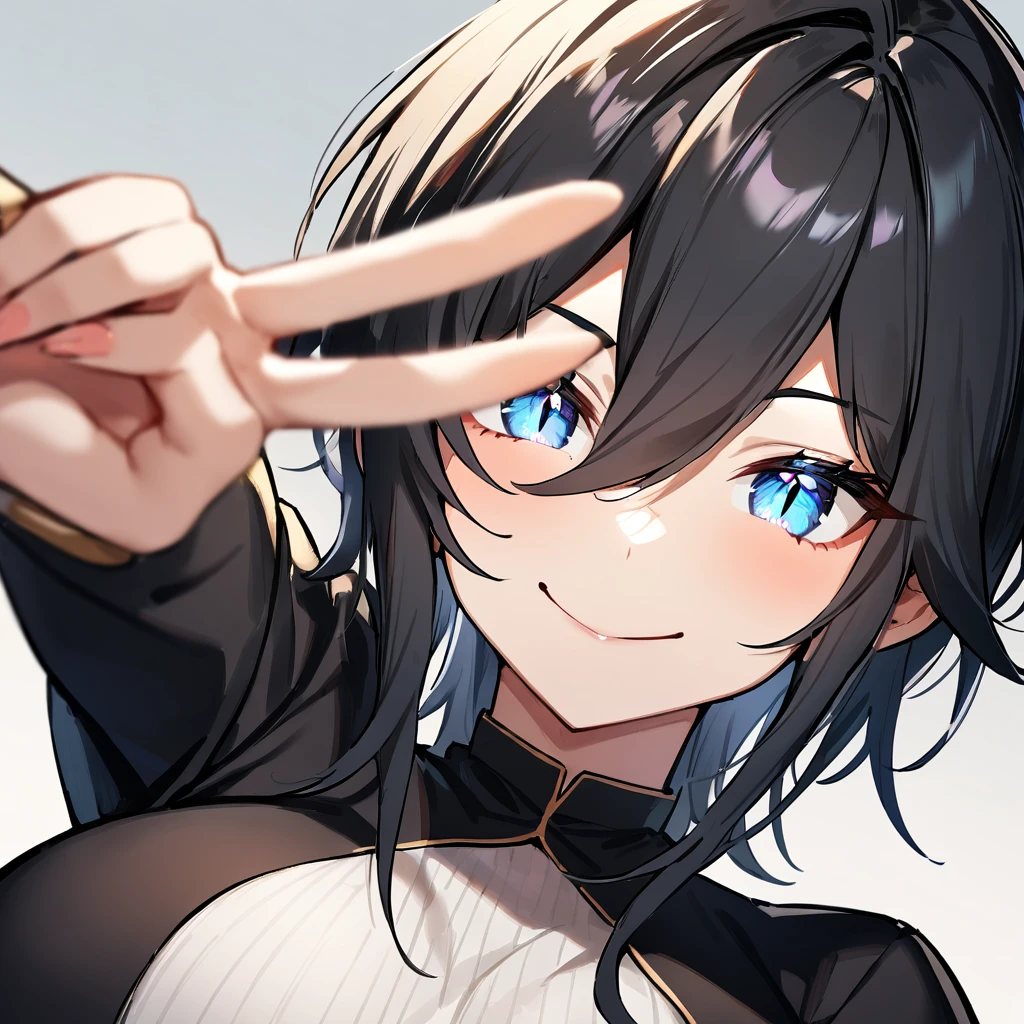 1 girl,androgynous,black hair,blue eyes, Smile,pov,portrait,big breast,(wide hips),White eyes,slit_pupils  best quality,very aesthetic,absurdres,v,cut