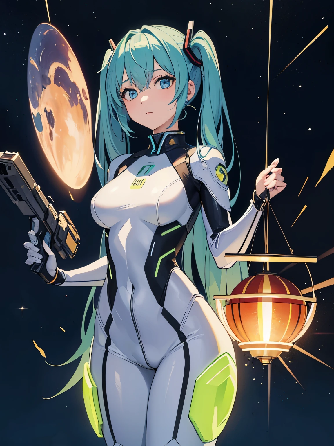 (masterpiece、highest quality、highest quality、Official Art、Beautiful and beautiful:1.2)、(One girl:1.3)Hatsune Miku、Twin tails,Big Breasts,（masterpiece：1.2），highest quality，In space，（Night Sky，Medium Hair：1.2），（Awareness-raising：1.2），Beautiful views，Dreadlocks，（Elaborate luminescence，Lens flare brilliance），（Hyper Detail），Hyper Detail，（Exquisite detail），（Intricate detail lights，highest qualityのバックライト），Clear lines，New World，Get a peek at your audience，Solo Female，（Space Girl，space），Oriental woman，The girl looks like a Chinese movie star，Solo Female，Perfect body，Beautiful 16 year old girl，（One girl），（Bright bioluminescent hair，Bright and Shiny Eyeilky Way，Alien planets），（セクシーなFuturisticスタイルの白いフィットした宇宙服を着た宇宙飛行士：1.1），The material of spacesuit is light and thin，Latex Tight Spacesuit，The chest of spacesuit shows the starry sky，Close your eyes for a moment，（Cyberpunk characters），（that&#39;s it：1.3），（Putting on makeup）），High contrast，（Best lighting，Very sophisticated and beautiful），（（Movie Moonlight）），Very colorful，（（Photoshop pastel drawing：1.1）），Mysterious，（映画のmasterpiece），Suspense，Funk，（starscream），Color Splash，really eye-catching，（（Caustics）），that&#39;s itmic angle，Big Breasts 美しい（Detailed brilliance），（spine-chilling），（Complex movie scenes behind it：1.2），environmental occlusion， （Ambient Moonshine）， ray tracing reflection， Elaborately drawn backgrounds ， （Glowing space suit）， Terrorist， （Luminescent plants：1.2）， Terrorist， Anxious， Futuristic， Terrorist， （Hologram Head-Up Display）， （Delicate Great Comet）