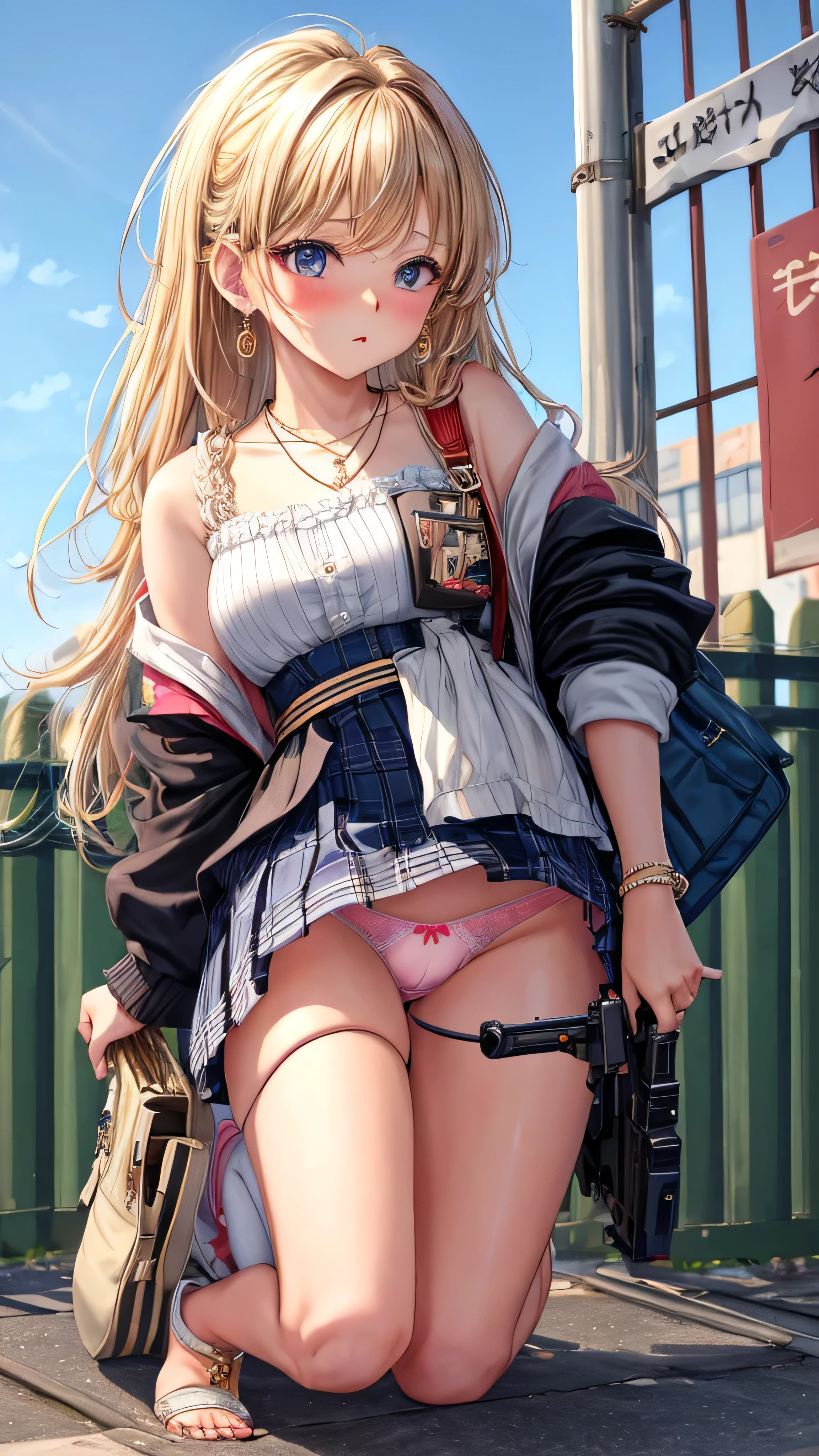 (masterpiece, highest quality), 1 cute girl, gyaru, ideal ratio body proportions, many accessories, wrist scrunchies, brecelet, necklace, earrings, (getting down on one knee, holding rifle, looking into the gun sight, putting one foot on the fence:1.3), mini skirt, (showing off panties:1.4), cameltoe, looking down, standing on the roof, from below, hanging student bag on shoulder, 