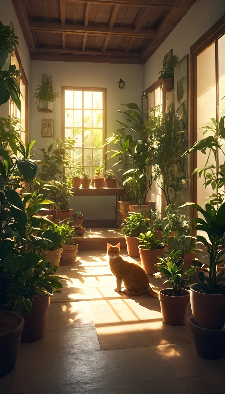 Pessoa ocidental meditando cercada de gatos. The setting is the interior of a beautiful room with many potted plants. cinematic lighting. Pessoa meditando. meditation. ultra HD