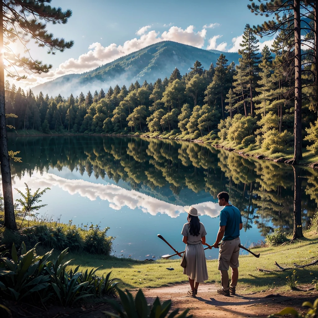 The image depicts an early human couple, one of whom is using a large club while the other is collecting firewood. They are near a lake with a forest in the background.
A captivating prehistoric scene of an early human couple working together for survival. The man, with a massive club in hand, is poised to protect the couple from potential threats, while the woman is diligently collecting firewood from the forest. They are situated near a serene lake, which mirrors the sky and enhances the tranquility of the setting. The background features a dense forest, with tall trees and a mix of sunlight and shadows. The overall atmosphere of the image evokes a sense of unity, cooperation, and the primal connection between humans and nature.