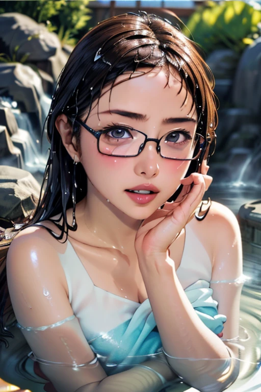 (masterpiece, highest quality), One Girl, Satou, Satou, Glasses, 赤いフレームのGlasses, A bath towel is wrapped around the body:1.8, Satou, Glasses, 赤いフレームのGlasses, hot spring,head to feet,hot springに入っている,Wet Hair,