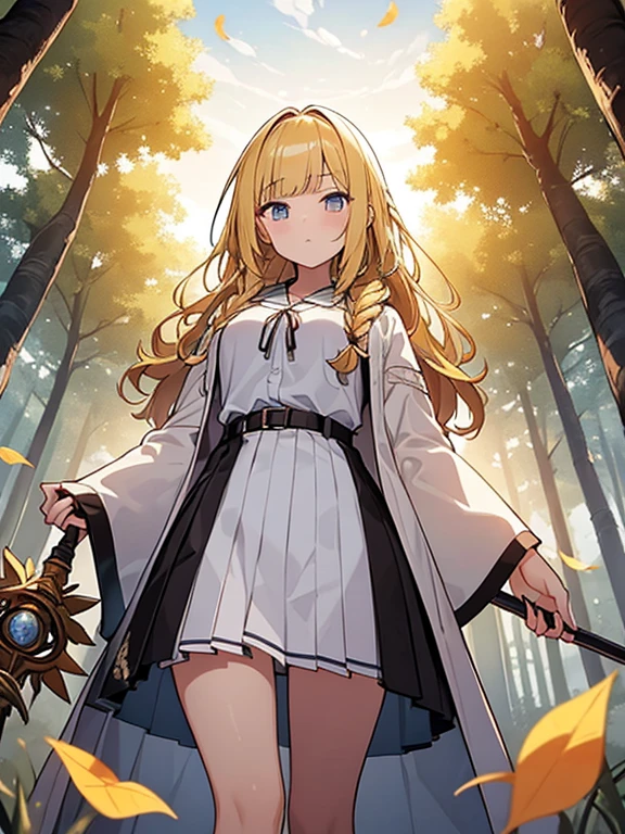 Masterpiece, Top quality, (1 beautiful girl), junior high school student, Blonde, Braided hair, Medium Hair, wavy Hair, blunt bangs, standard weight, necromancer robe, tunic blouse, pleated skirt, serious, with a staff, walking, sunset, beautiful scene of forest, falling leaves, cowboy shot, ((from below)),
