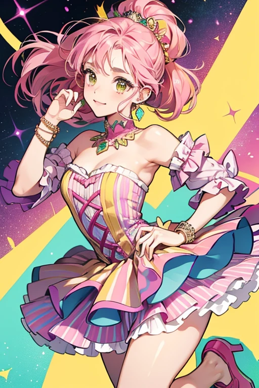 She has brown eyes and peach skin. She wears a bracelet that's green with different colored diamonds of purple, yellow and red for instance. Naiya wears a dress shirt that has red on the ends of the sleeves and where the head is located. There are green and pink stripes. There are yellow diamonds with a thick green stripe and yellow and pink thin stripes on the bottom. Her shorts are blue and wears pink shoes. . SPARKLE; GLITTER