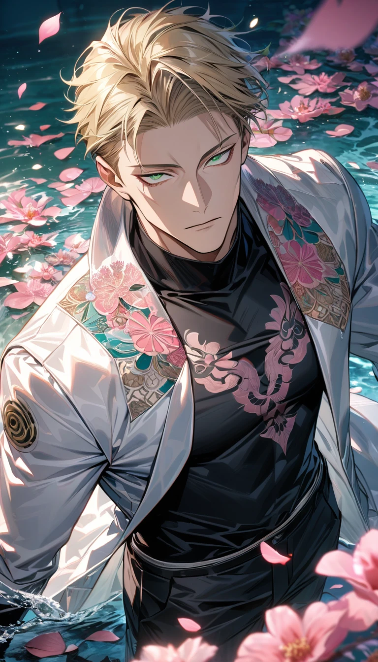 Ultra detailed, Highres, absurdres, HDR, Nanami Kento, blond hair, expressive green eyes, white long coat with patterns, Jujutsu Kaisen, pink flowers, petals, handsome, sexy man, solo, very detailed eyes and face, black gloves, water, black pants, pink butterflies, black tight t-shirt, master piece,