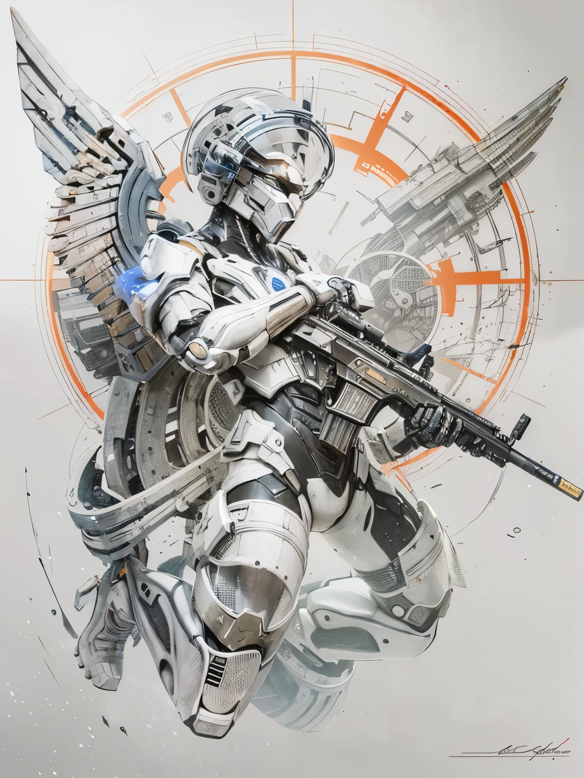wearing a mechanical suit, Mechanical wonder, Cyberpunk, Cybernetic Guardian, futuristic armor, full body, front pose, symmetry, intricate (steel metal [rust]), joints, warframe style, cyborg, male body and armor, Chainsaw Man  