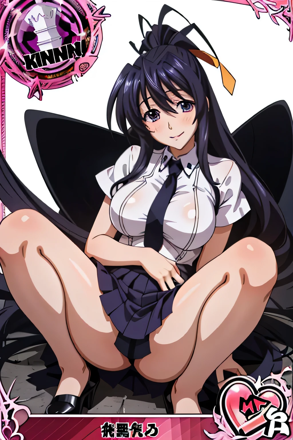 Himejima Akeno、Long Hair、(draw the eyes:1.2)、one person 、smile 、blush
、(Squat with your legs wide apart)
、Tight Skirt
、(highest quality) 、(Fine skin:1.3)