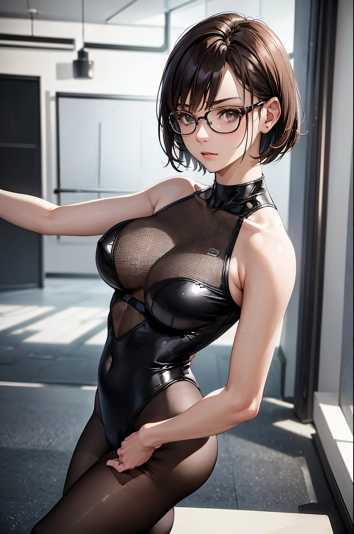 (best quality, high resolution), ultra-detailed, (realistic: 1.37), interior of a dance studio, a 30-year-old woman,slender body, she is wearing glasses, a brown short bob hair, intense,(gloomy), [streesed eyes], she is wearing a aerobics leotard, (sneaker boots).