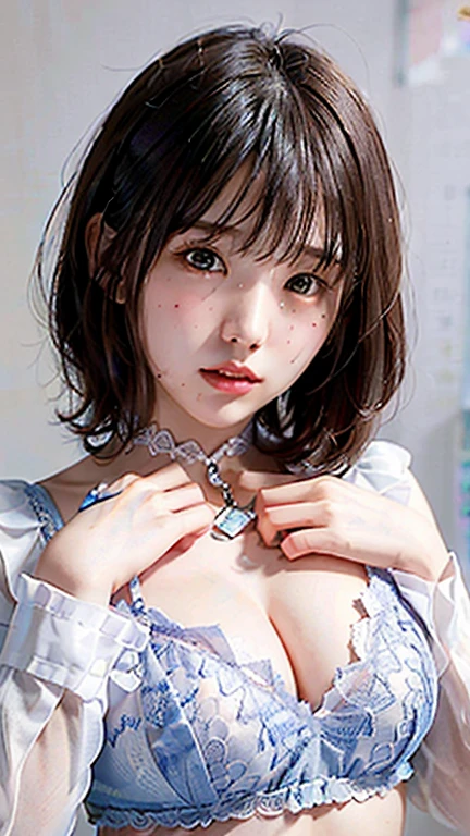 (close), Portraiture, Portraiture, (alone), masterpiece, highest quality, Clothes with strong contrast, psychedelic, [[[LSD]]], particle, bloom, Neon lighting, (Shine), Flat Color, Splashes of color, Mixing colors、Girl 1.2、Ultra、Swimwear、Place your right hand over your mouth、(((Lift up the lower breast with the left hand 1.5)))、Close-up、Winging、Lace fabric choker、Put on a white shirt