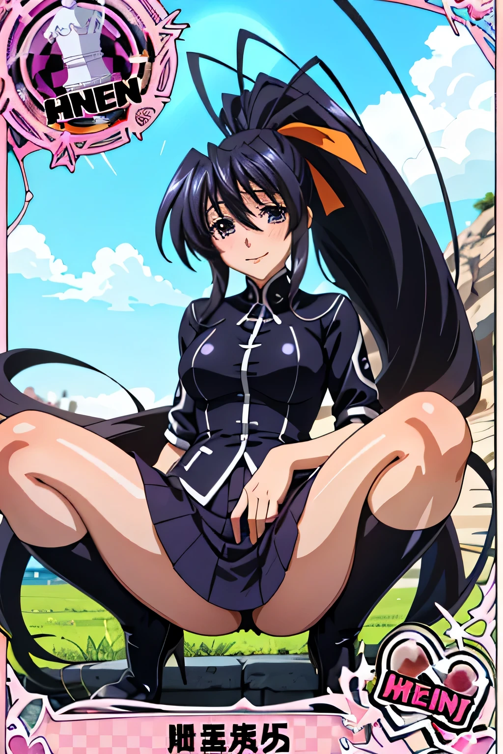 Himejima Akeno、Long Hair、(draw the eyes:1.2)、one person 、smile 、blush
、(Squat with your legs wide apart)
、Tight Skirt
、(highest quality) 、(Fine skin:1.3)