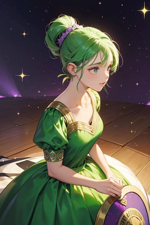 Nella is an African-American girl who tends to wear her hair up in a ponytail. As a princess, she wears a green dress with a purple gradient running down the bottom. As a knight, she wears traditional knight armor and is equipped with a shield with a heart symbol and a sword. SPARKLE; GLITTER
