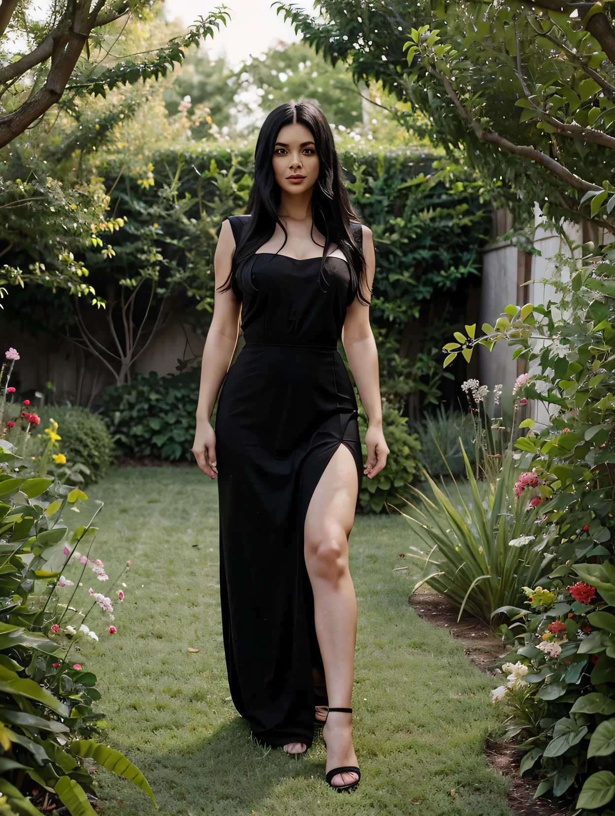 woman, black hair, long cherry dress, wide hips, in a garden, celebrity, looking at the camera