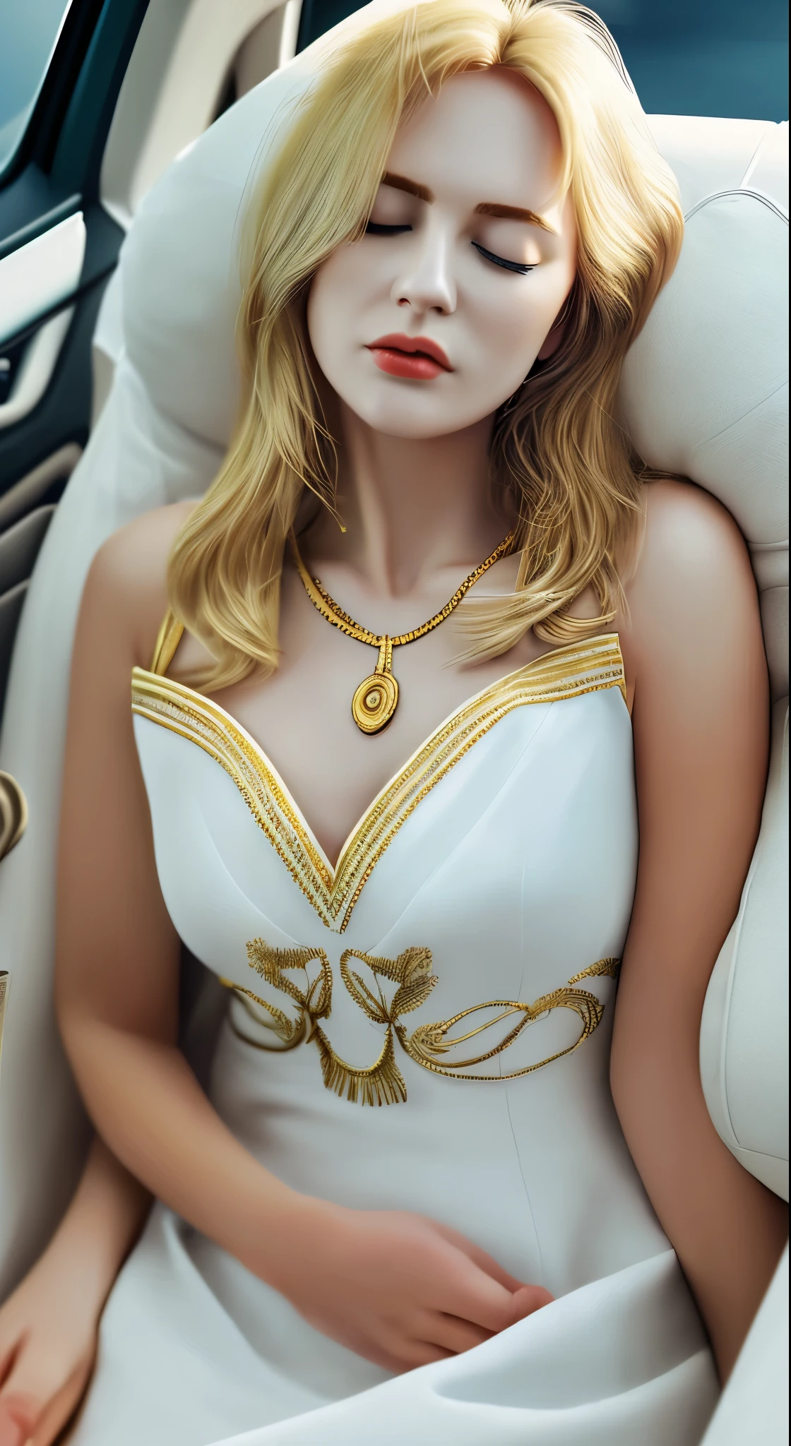 ((masterpiece)), ((highest quality)), 8k, High resolution, Super Detail, (woman), (White dress with yellow gold trim), (Scattered golden hair ornaments), (Closed eyes) (Sleeping in the car 1.6) (Full body display 1.4) この作品はmasterpieceだ, The highest quality and attention to detail, captured in 8k High resolution. Photographic Realistic, Realistic, very detailed illustrations Realistic, Octane Rendering
