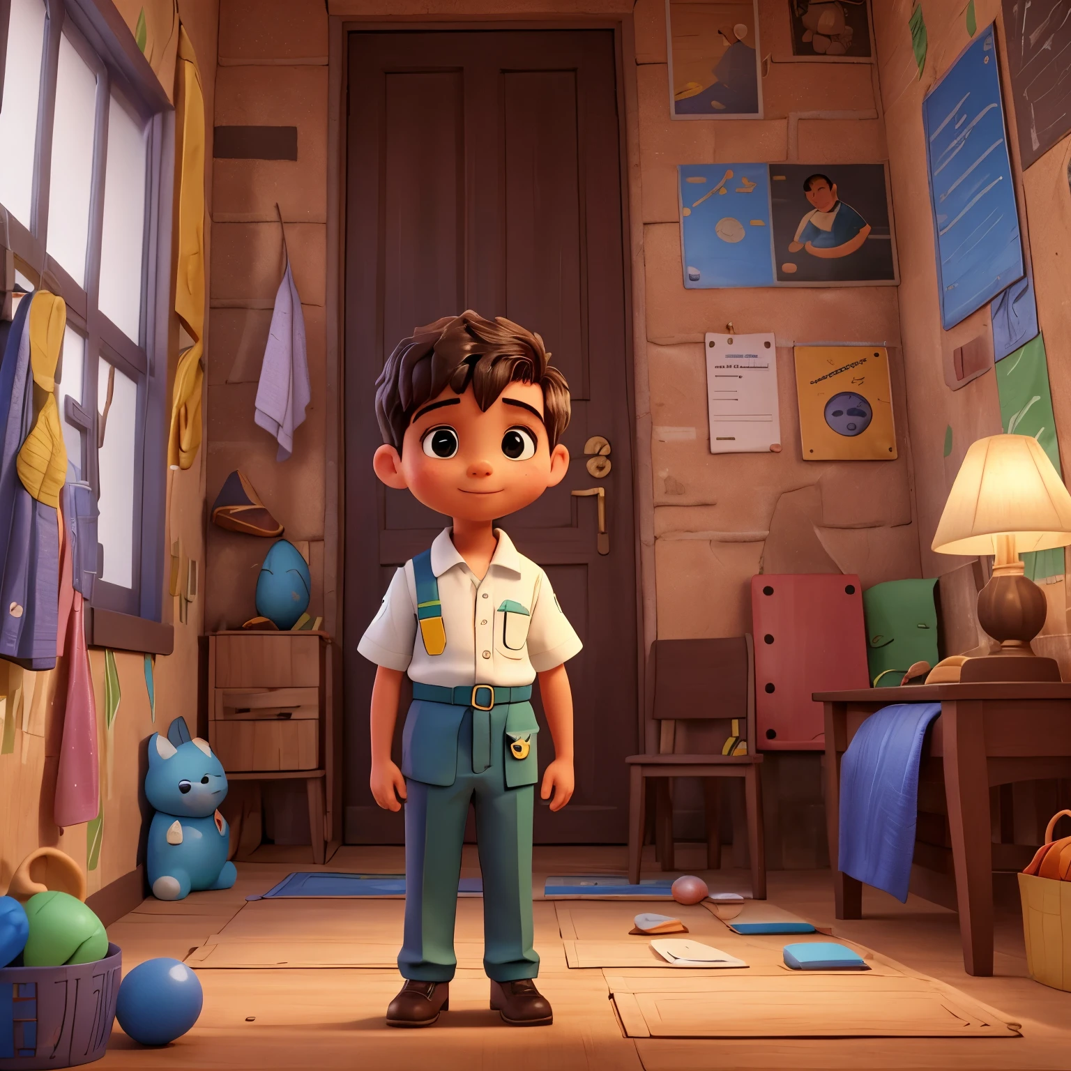 Um menino sozinho, vestido de uniforme escolar de melhor qualidade, sentado na tranquilidade de sua casa,wrapper around him, enquanto a chuva batia levemente na janela. Ele estava envolvido na obra de arte de seus quadrinhos, Vibrant tones and intricate details reflecting lamp light. O menino, ashamed of being seen this way by social standards, olhava para o espectador com um olhar confuso, Swinging between the anxiety of being discovered and the liberation of expressing oneself