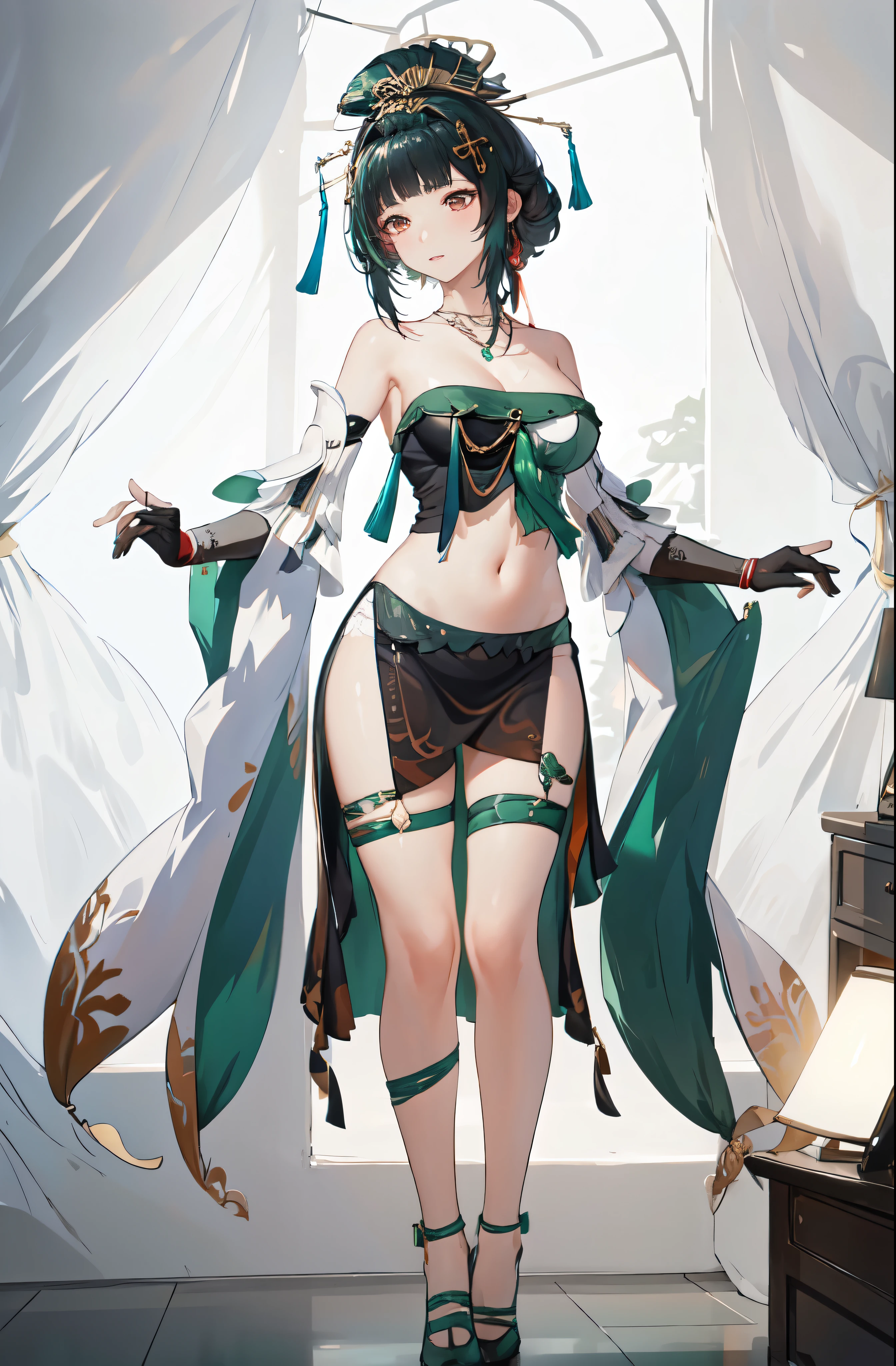 masterpiece, best quality BREAK solo, china dress, highres, 1girl, standing, (large breasts), mature female, hanying, Full body drawing, (masterpiece), (best quality), (hyperdetail), (illustration), ((extremely delicate and beautiful)), (detailed light), (prefect's body), full body drawing, Hanying, HanYing, sexy, sexy belly, sexy belly line, sexy belly button