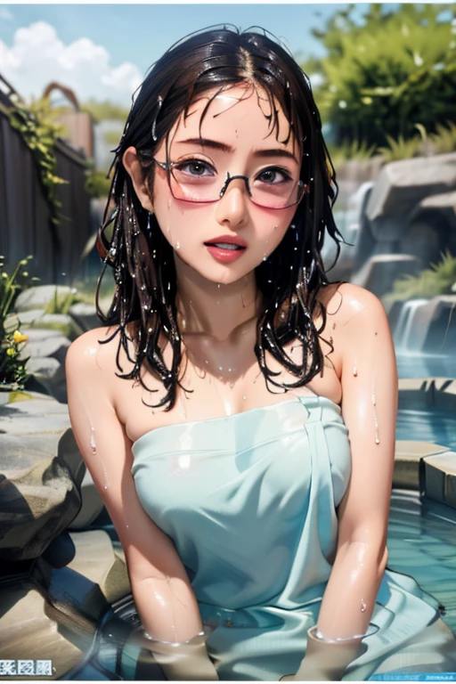 ,Pool opening、Twin-tailed、Green hair、elvish、Round glasses、The bikini、Gravure Pose、Wet hair