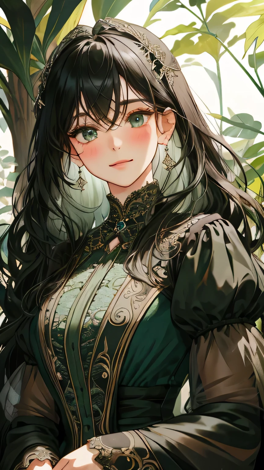 (extreamly delicate and beautiful:1.2), 8K,(masterpiece:1.0),(best_quality:1.0), 1 girl, and intricate detailing, Enlarged textures, and intricate detailing, finely eye and detailed face, and intricate detailing, black long hair, (closed mouths), Perfect eyes, Equal eyes, carolina eyes (A famale god) classic green dress yunani romawi, look at camera, look 50 years old, blush